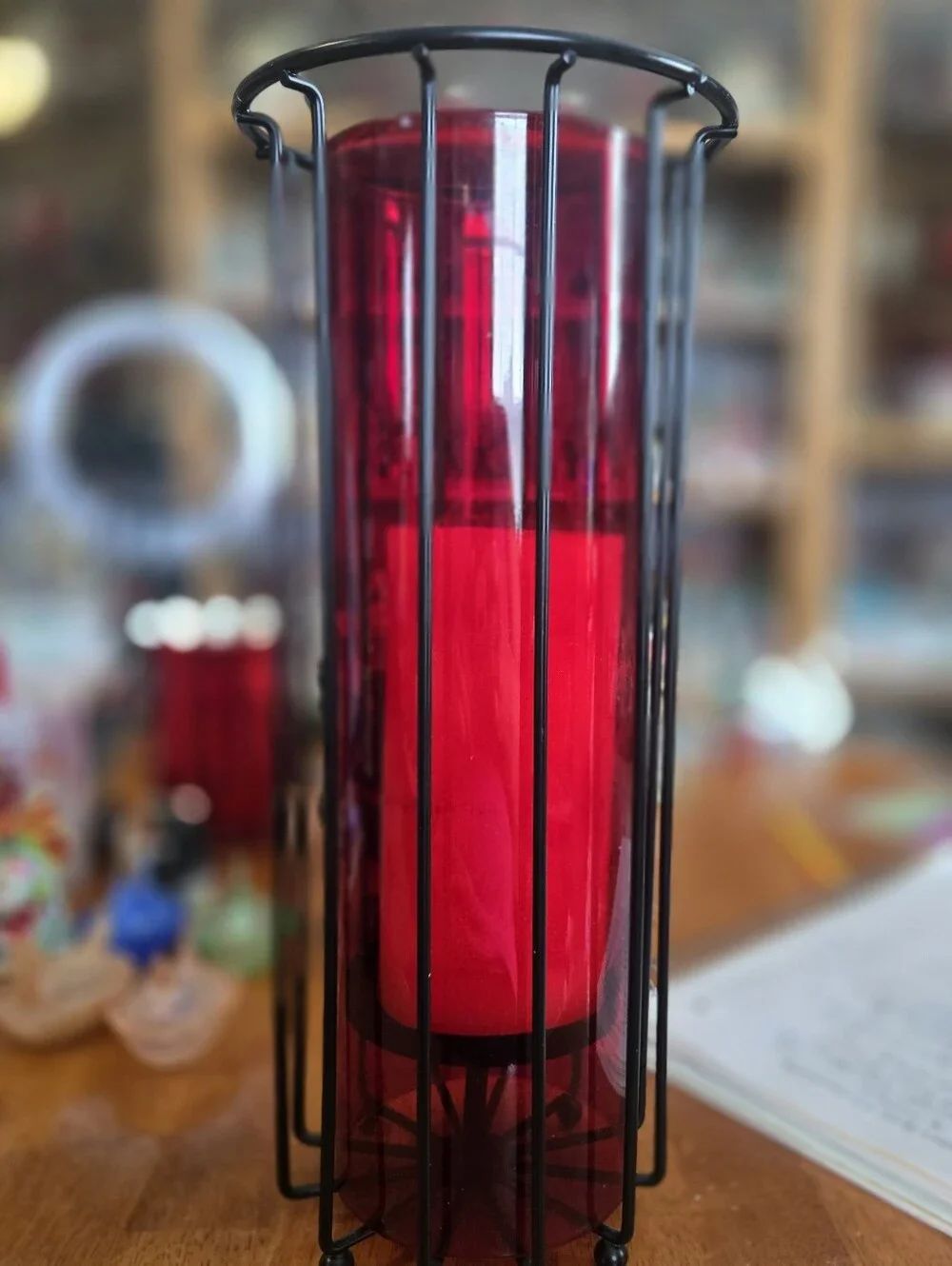 Red Glass Hurricane Candle Holder with Black Metal Cage